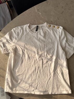 Divided White Short Sleeve Crewneck T-Shirt with Gold Shoulder Buttons